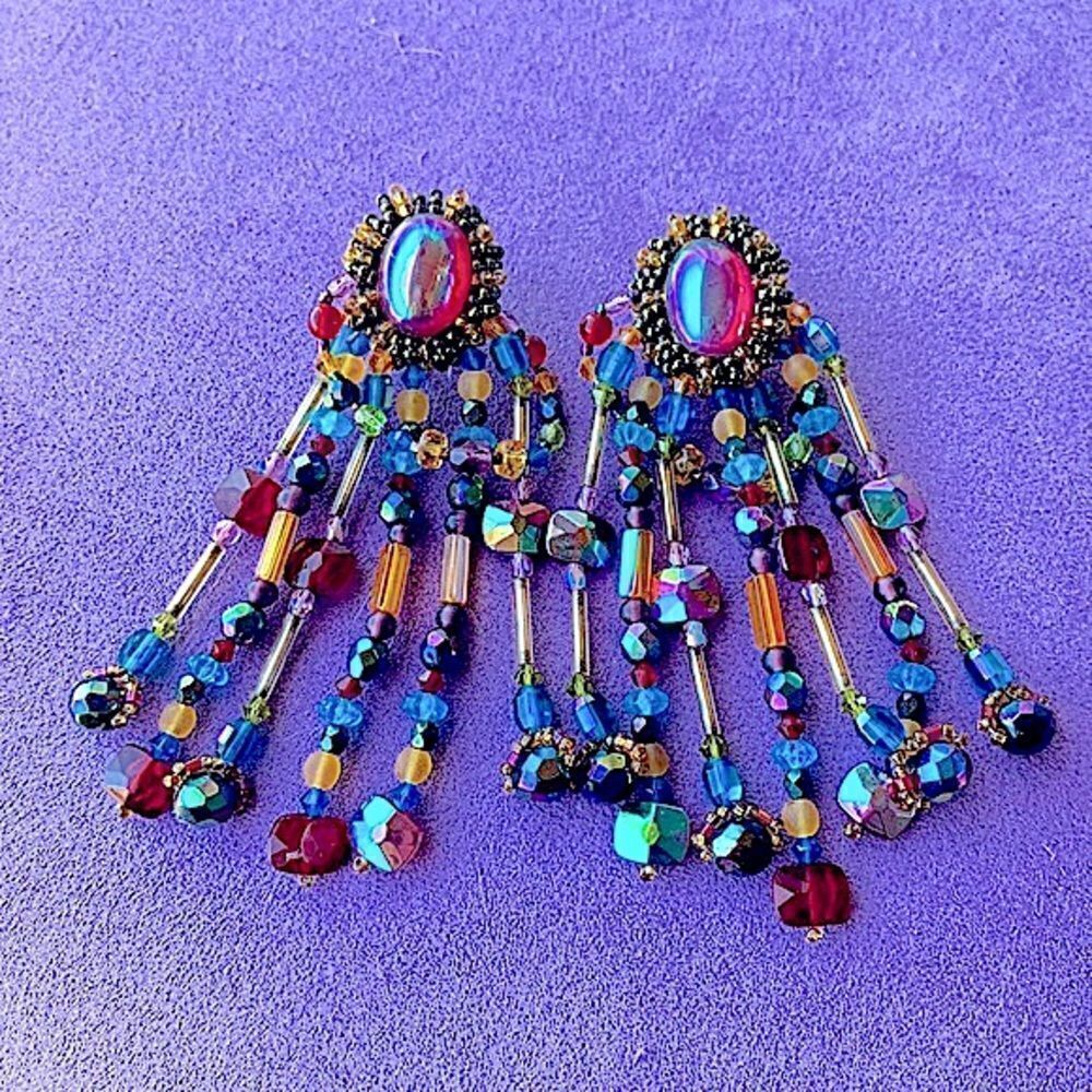 Multi color glass artisan beaded festoon chandelier earrings clip back red